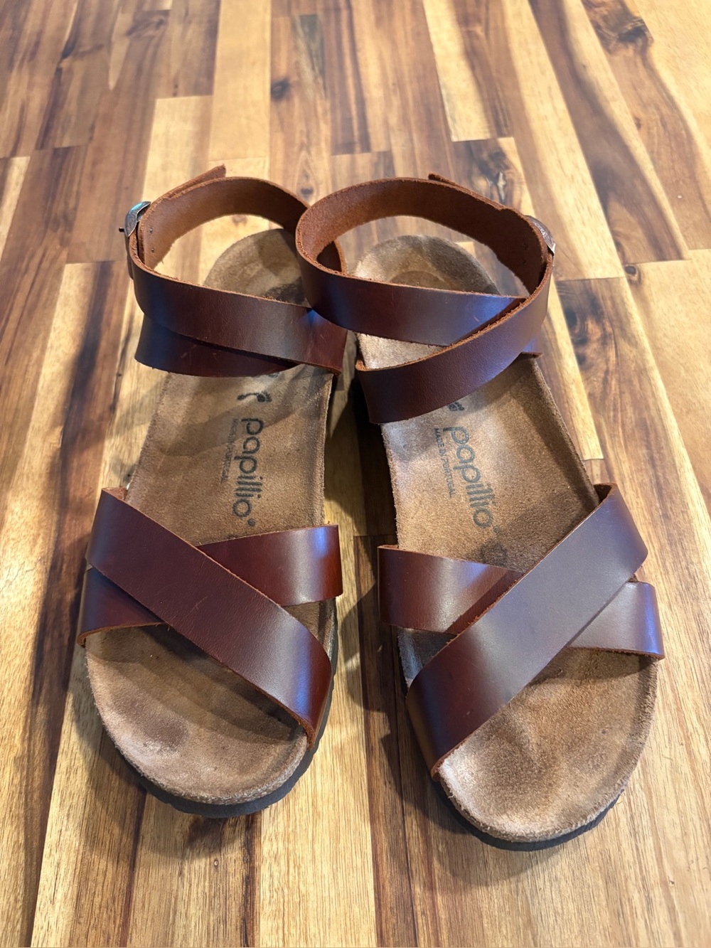 Papillio Brown Crisscross Leather Ankle-Strap Sandals